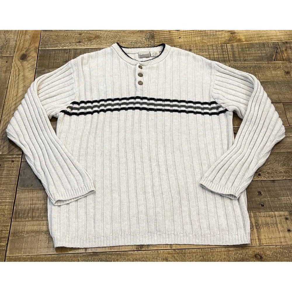 VTG Fieldmaster L Henley Sweater Cream Knit Striped Ramie Cotton 90s Outdoors